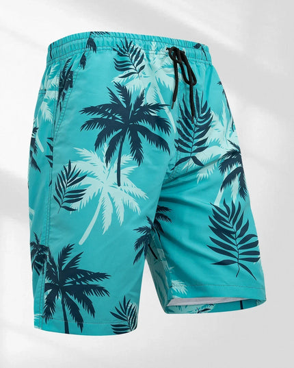 Pantalones cortos de baño con estampado de palmeras para hombre con cordón y secado rápido para la playa