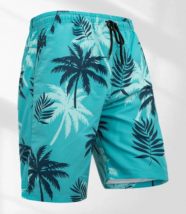 Pantalones cortos de baño con estampado de palmeras para hombre con cordón y secado rápido para la playa