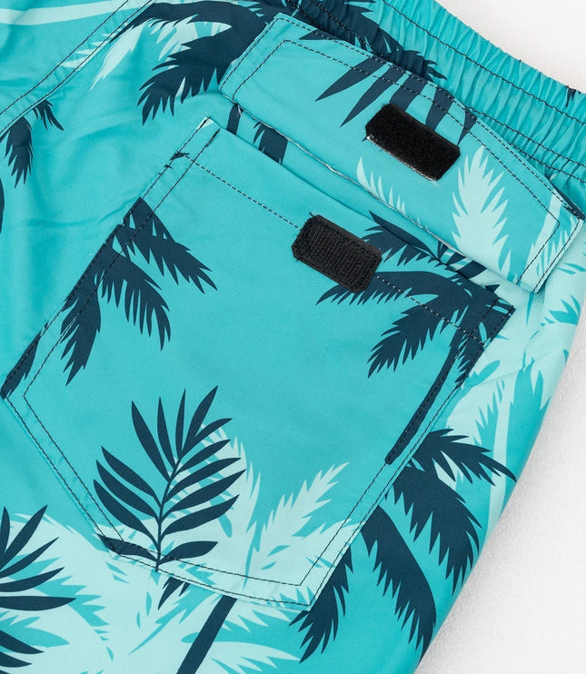Pantalones cortos de baño con estampado de palmeras para hombre con cordón y secado rápido para la playa