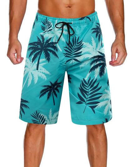 Pantalones cortos de baño con estampado de palmeras para hombre con cordón y secado rápido para la playa