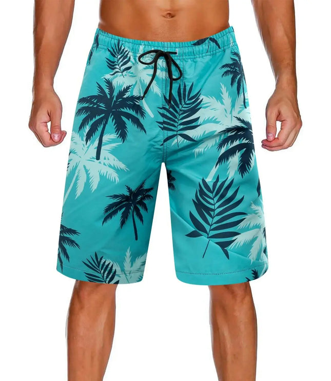 Pantalones cortos de baño con estampado de palmeras para hombre con cordón y secado rápido para la playa