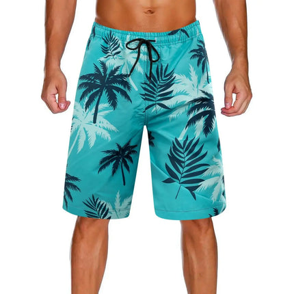 Pantalones cortos de baño con estampado de palmeras para hombre con cordón y secado rápido para la playa
