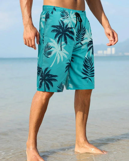 Pantalones cortos de baño con estampado de palmeras para hombre con cordón y secado rápido para la playa