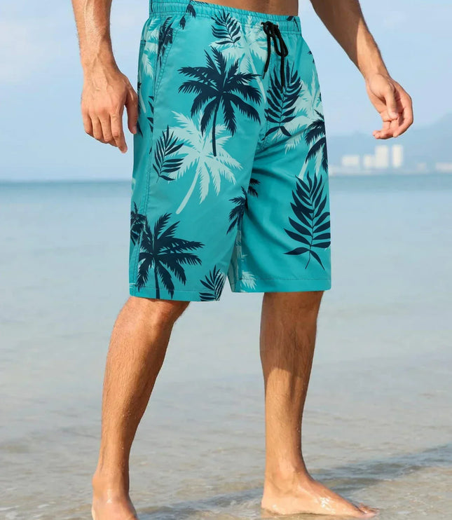 Pantalones cortos de baño con estampado de palmeras para hombre con cordón y secado rápido para la playa