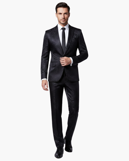 Black jacquard formal suit with notch lapel front view on model