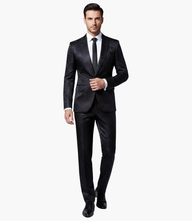 Black jacquard formal suit with notch lapel front view on model