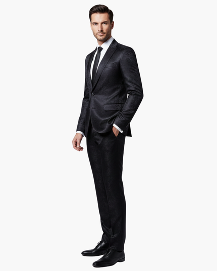 Black jacquard formal suit side profile showing notch lapel detail
