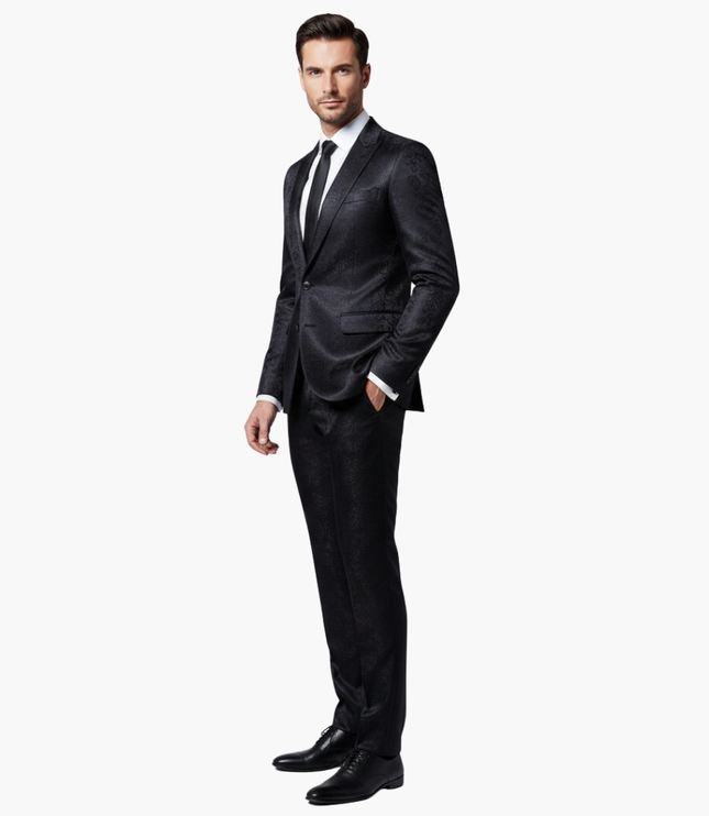 Black jacquard formal suit side profile showing notch lapel detail