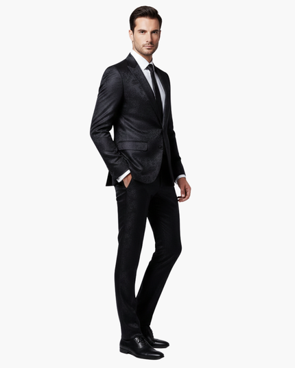 Black jacquard formal suit three-quarter view with hand in pocket