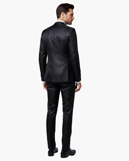 Black jacquard formal suit back view showing jacket and trousers