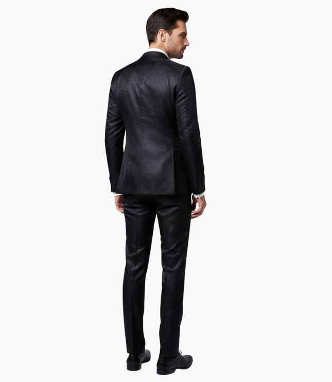 Black jacquard formal suit back view showing jacket and trousers