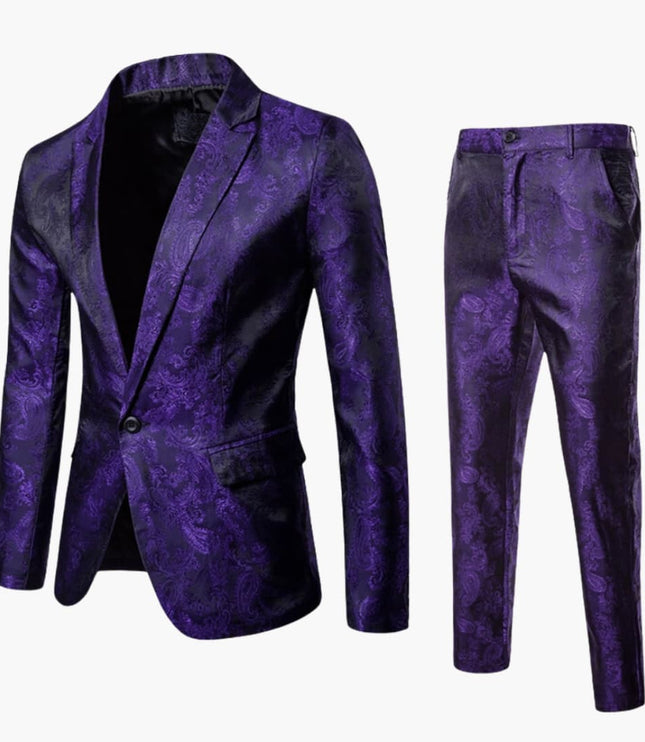 Purple jacquard formal suit with notch lapel blazer and pants set