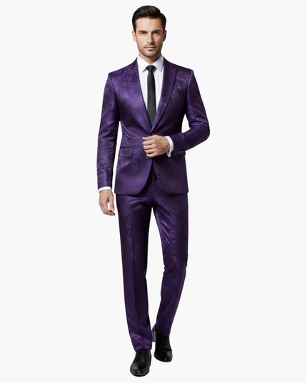 Purple jacquard formal suit front view on model with notch lapel