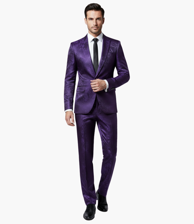 Purple jacquard formal suit front view on model with notch lapel