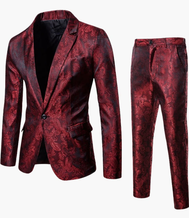 Burgundy jacquard formal suit with notch lapel blazer and trousers