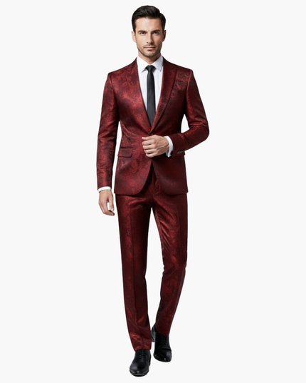 Burgundy jacquard formal suit front view on model with notch lapel