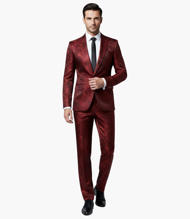 Burgundy jacquard formal suit front view on model with notch lapel
