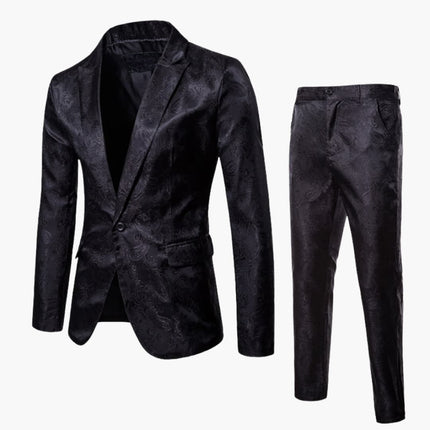 Black jacquard formal suit with notch lapel blazer and trousers flat lay