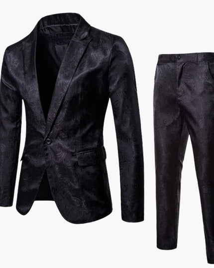 Black jacquard formal suit with notch lapel blazer and trousers flat lay