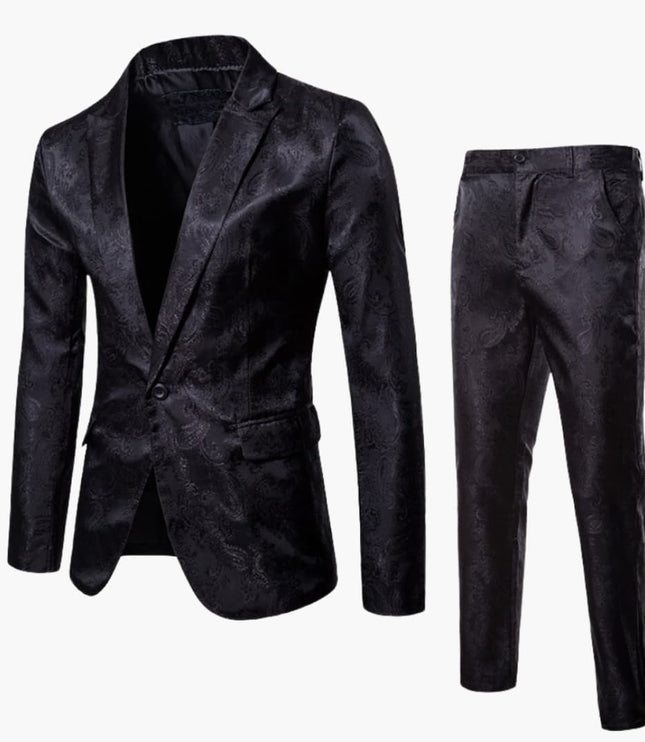 Black jacquard formal suit with notch lapel blazer and trousers flat lay