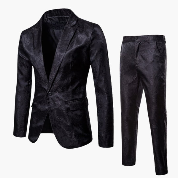Black jacquard formal suit with notch lapel blazer and trousers flat lay