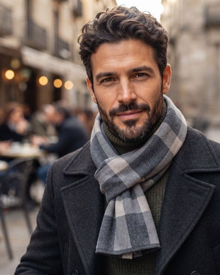 Men's Block Check Knit Scarf with Ribbed Ends