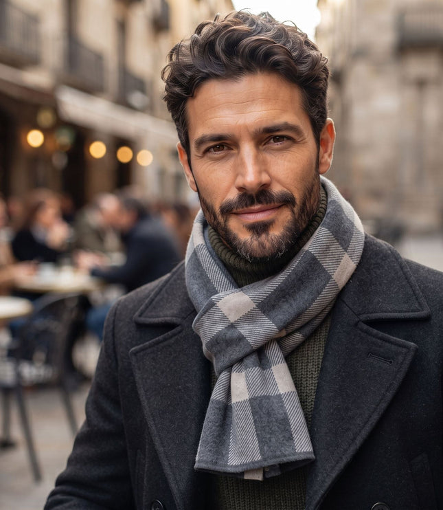 Men's Block Check Knit Scarf with Ribbed Ends