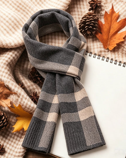 Men's Block Check Knit Scarf with Ribbed Ends