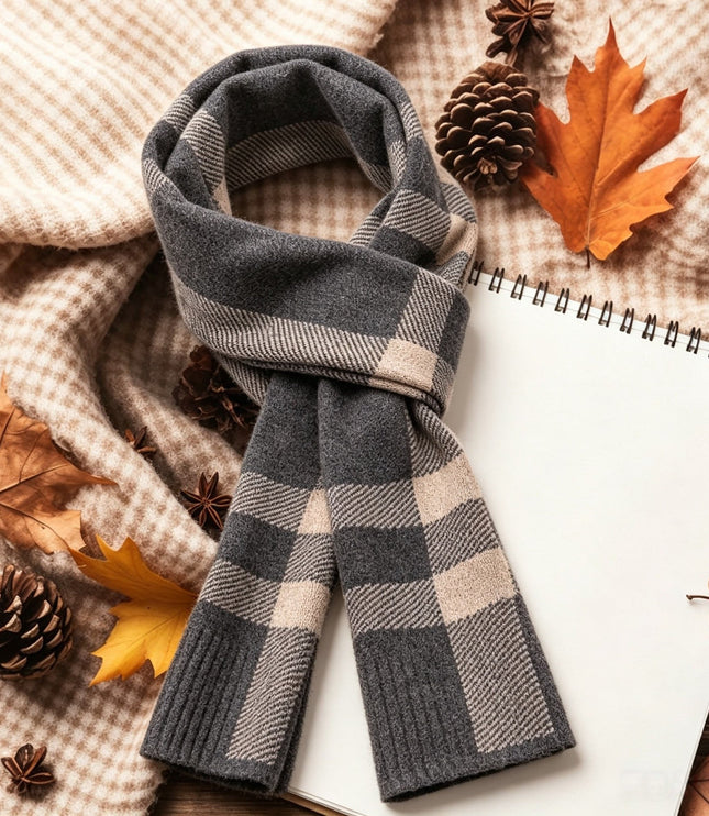 Men's Block Check Knit Scarf with Ribbed Ends