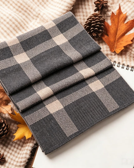 Men's Block Check Knit Scarf with Ribbed Ends