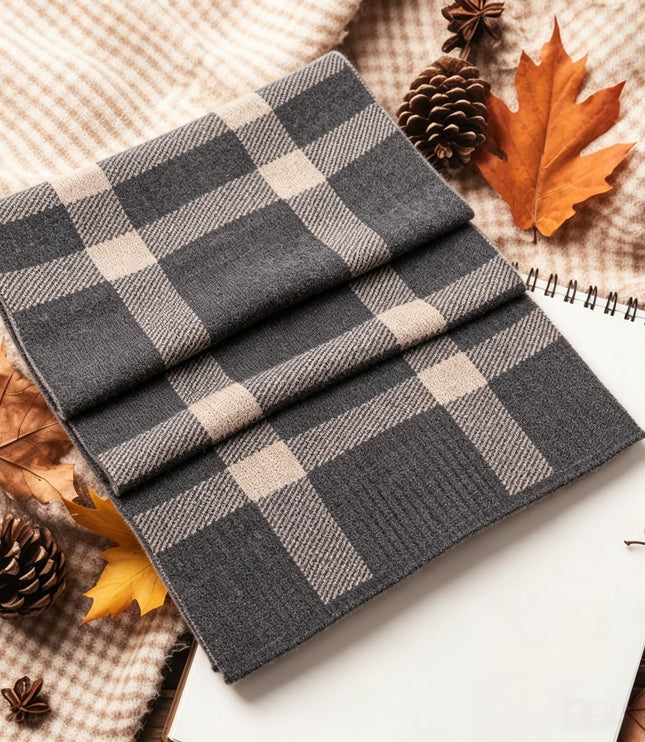 Men's Block Check Knit Scarf with Ribbed Ends