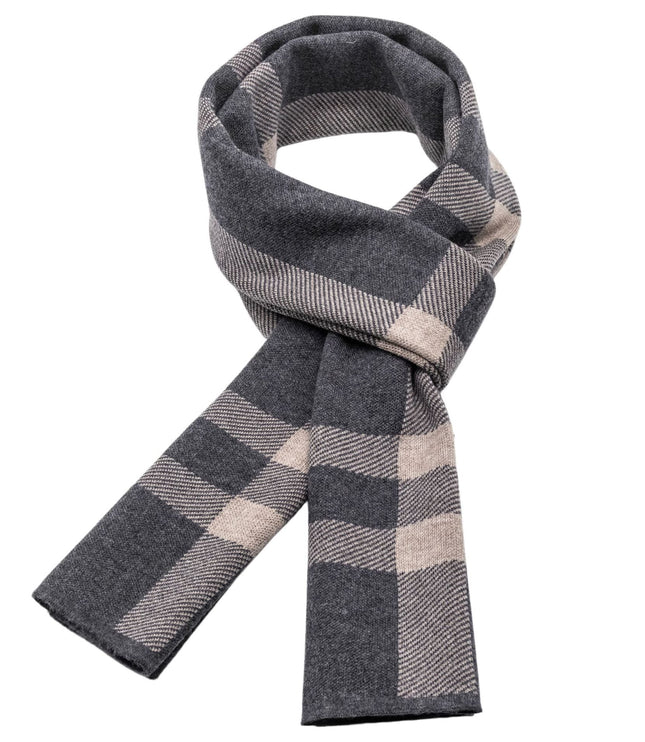 Men's Block Check Knit Scarf with Ribbed Ends
