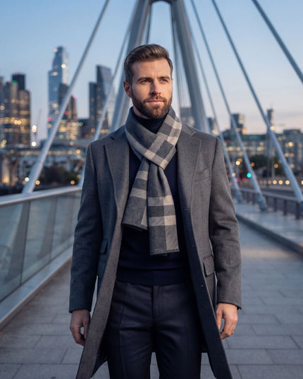 Men's Block Check Knit Scarf with Ribbed Ends