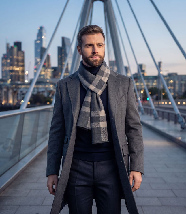 Men's Block Check Knit Scarf with Ribbed Ends