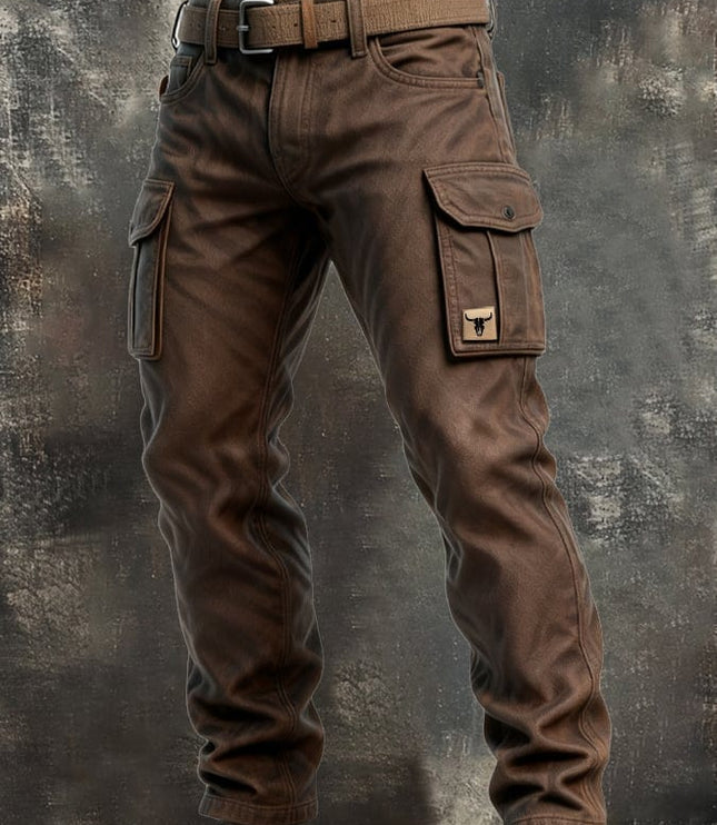 Pantalon cargo marron à coupe slim avec multi-poches et ceinture pour homme
