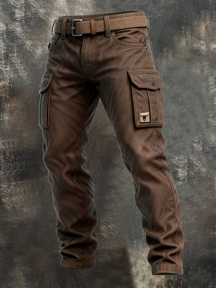 Pantalon cargo marron à coupe slim avec multi-poches et ceinture pour homme