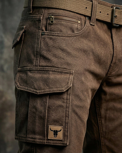 Pantalon cargo marron à coupe slim avec multi-poches et ceinture pour homme