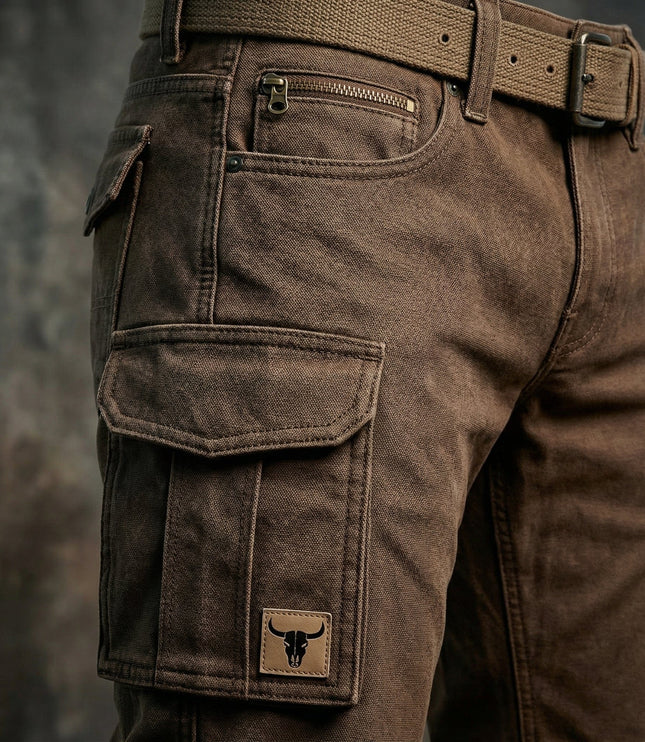 Pantalon cargo marron à coupe slim avec multi-poches et ceinture pour homme