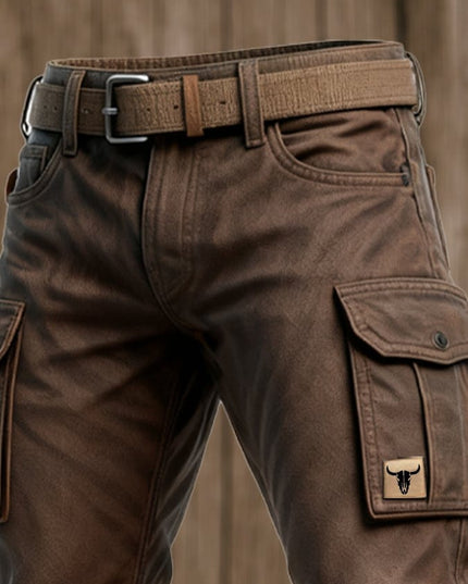Pantalon cargo marron à coupe slim avec multi-poches et ceinture pour homme