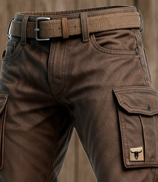 Pantalon cargo marron à coupe slim avec multi-poches et ceinture pour homme