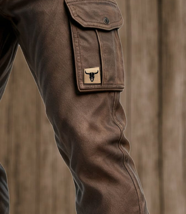 Pantalon cargo marron à coupe slim avec multi-poches et ceinture pour homme