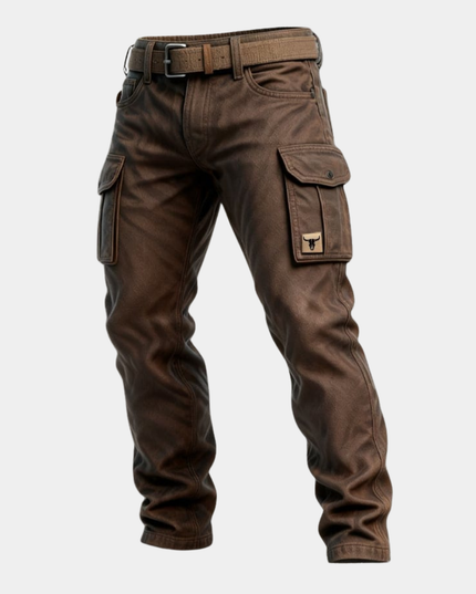 Pantalon cargo marron à coupe slim avec multi-poches et ceinture pour homme