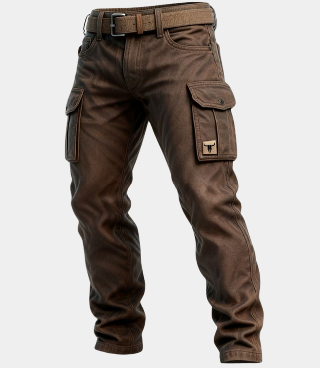 Pantalon cargo marron à coupe slim avec multi-poches et ceinture pour homme