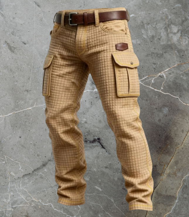 Jean cargo en denim décontracté avec texture matelassée et multi-poches pour homme