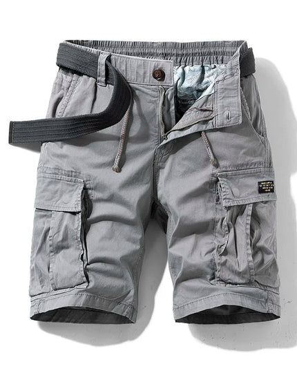 Gray cargo shorts with webbed belt and side cargo pockets