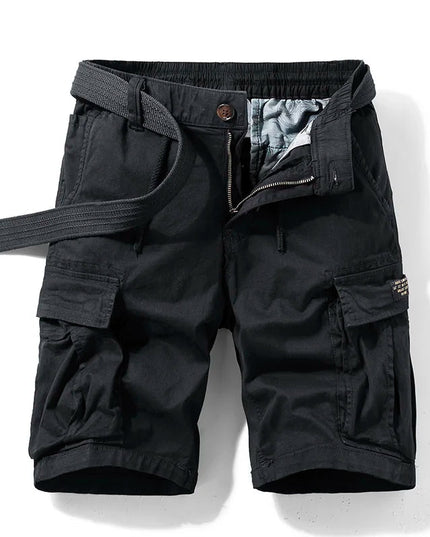 Black cargo shorts with belt, large cargo pockets, and knee length