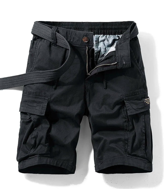 Black cargo shorts with belt, large cargo pockets, and knee length