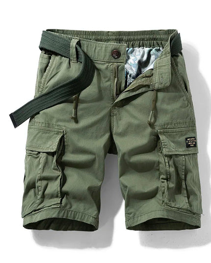 Olive green cargo shorts with webbed belt and multi-pocket design