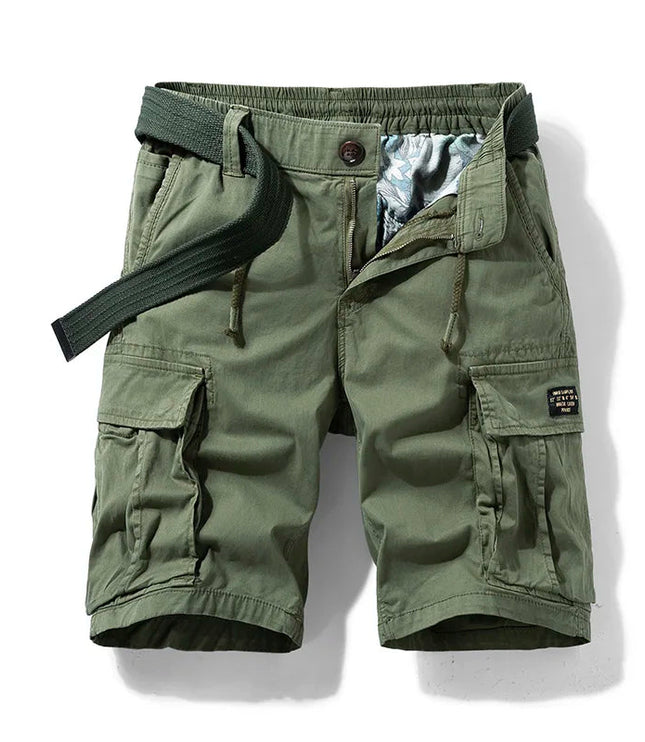 Olive green cargo shorts with webbed belt and multi-pocket design