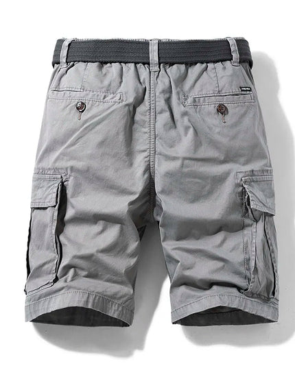 Light gray cargo shorts back view showing cargo pockets and belt
